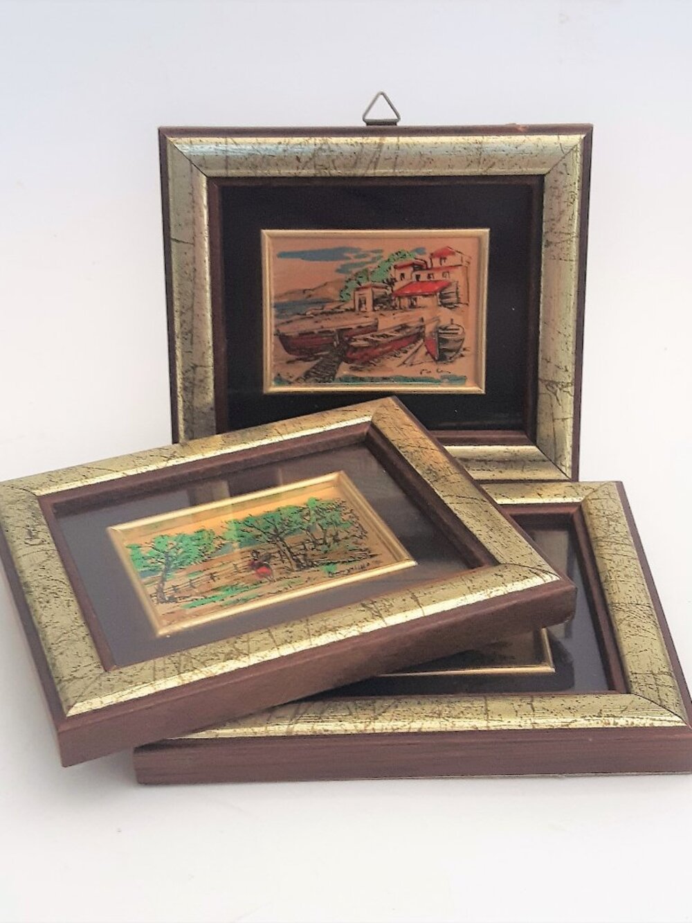VTG Gold Leaf Mini Framed Art Oro Foglia Italy Serigrafia Set of 3 Wall Décor